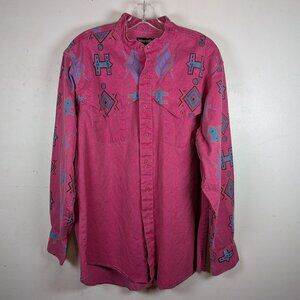 Vintage Wrangler Brushpopper Aztec Pink Shirt 16.5 34 Western Band Collar USA